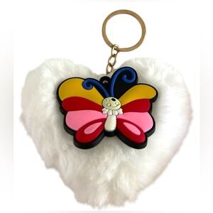 FUZZY WHITE HEART BUTTERFLY KEYCHAIN
